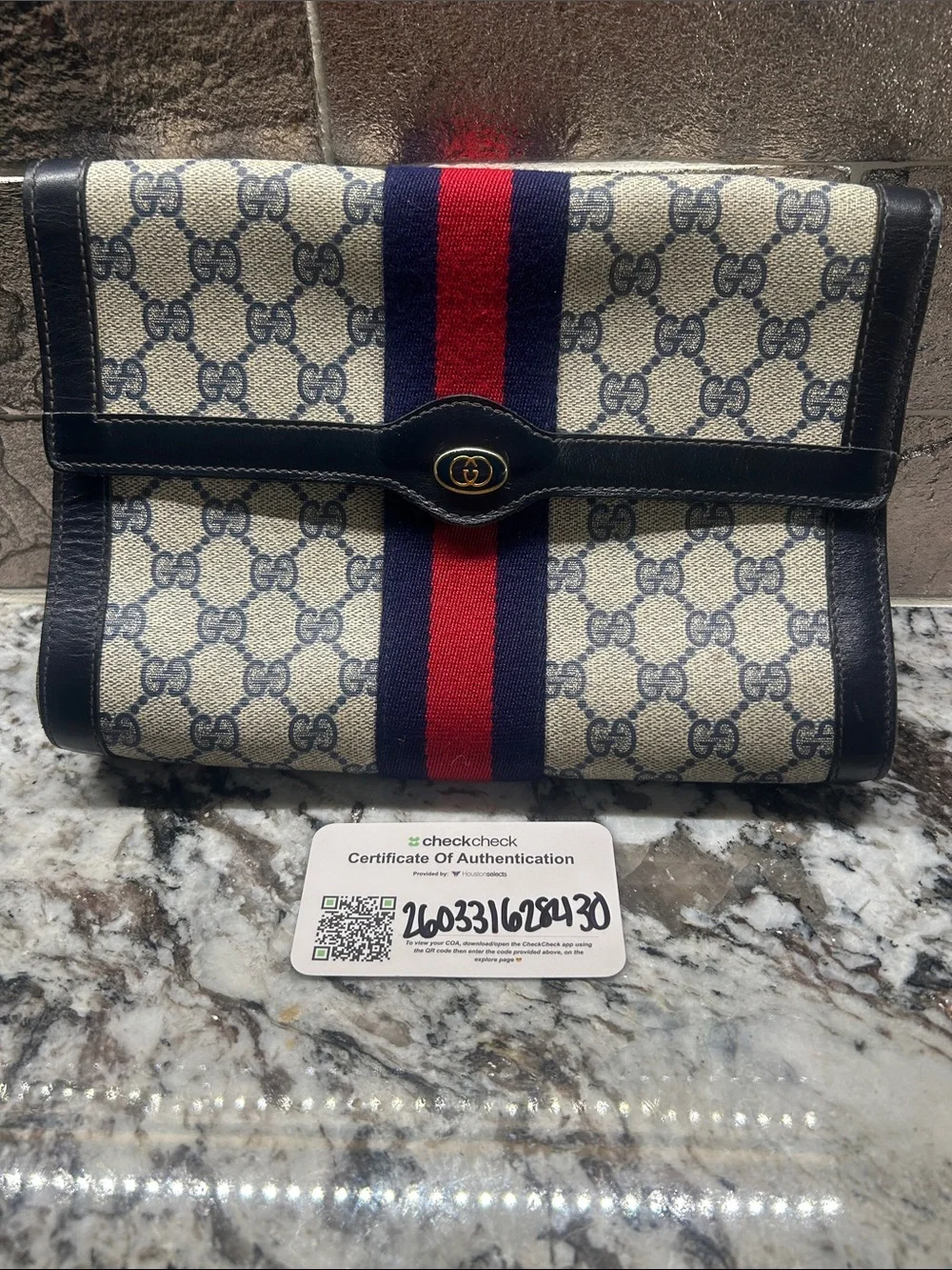 Gucci Beige GG Supreme Vintage Sherry Line Web Stripe Clutch 1980’s with COA